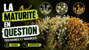 Vue macro d’une fleur de chanvre montrant des trichomes translucides, laiteux et ambrés répartis de façon irrégulière.