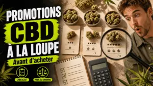 Une composition vue du dessus montre des fleurs de chanvre, une checklist et une loupe autour de cartes comparant des offres.