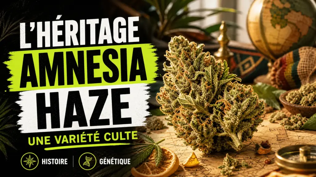 Une fleur de chanvre Amnesia Haze aux trichomes givrés et aux pistils orangés repose sur une table botanique aux accents historiques.