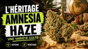 Une fleur de chanvre Amnesia Haze aux trichomes givrés et aux pistils orangés repose sur une table botanique aux accents historiques.