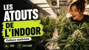 Des plants de chanvre fleuris poussent dans une salle de culture intérieure éclairée et équipée d’un système de ventilation.