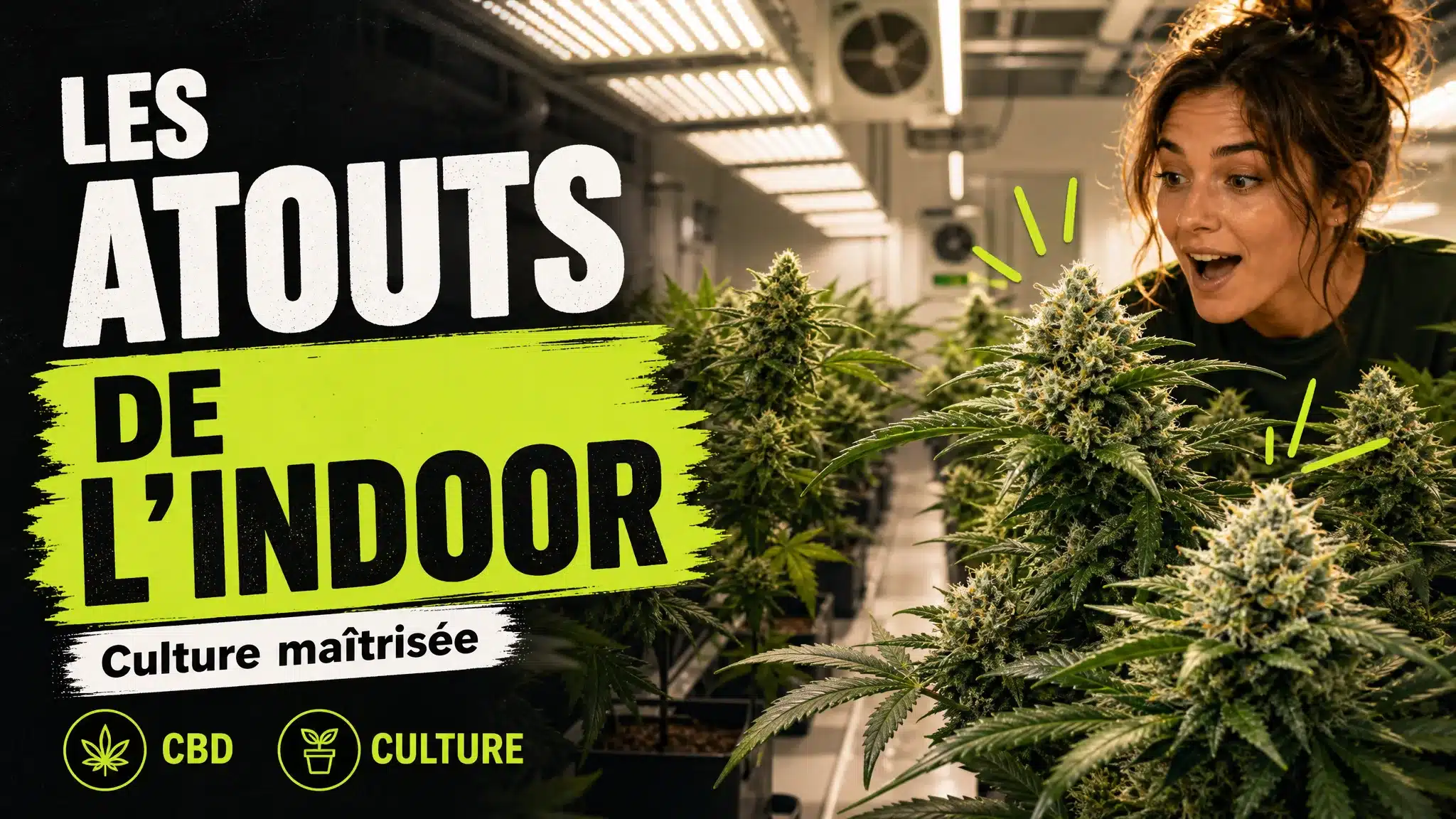 Des plants de chanvre fleuris poussent dans une salle de culture intérieure éclairée et équipée d’un système de ventilation.