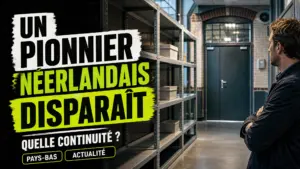 Une étagère institutionnelle presque vide fait face à une porte fermée dans un bâtiment néerlandais, évoquant l’incertitude autour d’un fournisseur historiqu…