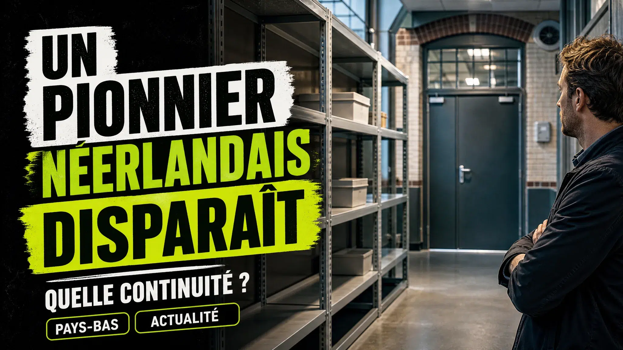 Une étagère institutionnelle presque vide fait face à une porte fermée dans un bâtiment néerlandais, évoquant l’incertitude autour d’un fournisseur historiqu…