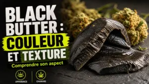 Gros plan sur une résine de chanvre noire, souple et brillante, posée sur une surface minérale avec quelques éléments végétaux flous.