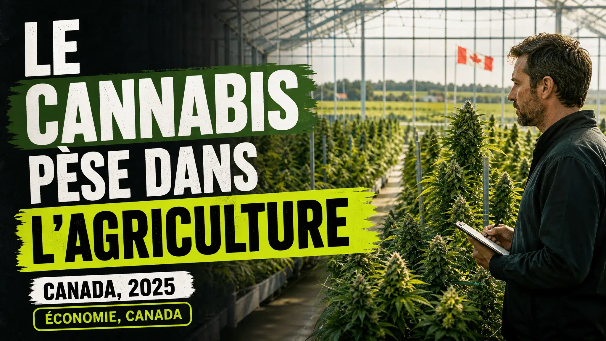 Des rangées de plants de chanvre matures s’étendent dans une vaste serre agricole canadienne.