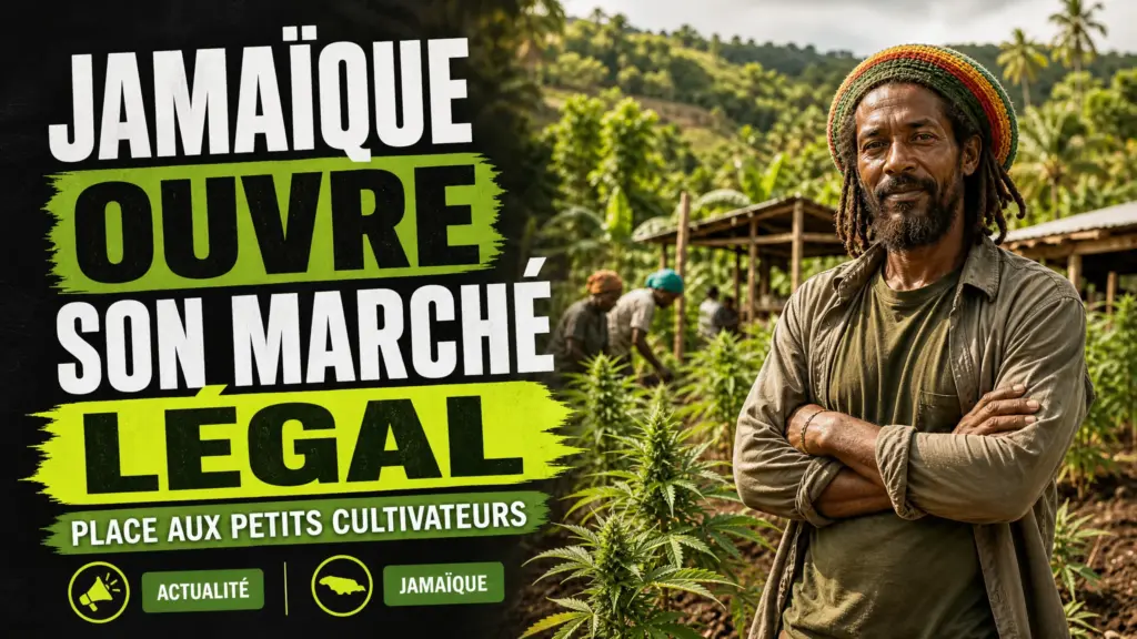 Un cultivateur jamaïcain se tient dans une petite parcelle de chanvre au milieu d’un paysage rural tropical.