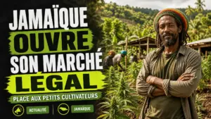 Un cultivateur jamaïcain se tient dans une petite parcelle de chanvre au milieu d’un paysage rural tropical.