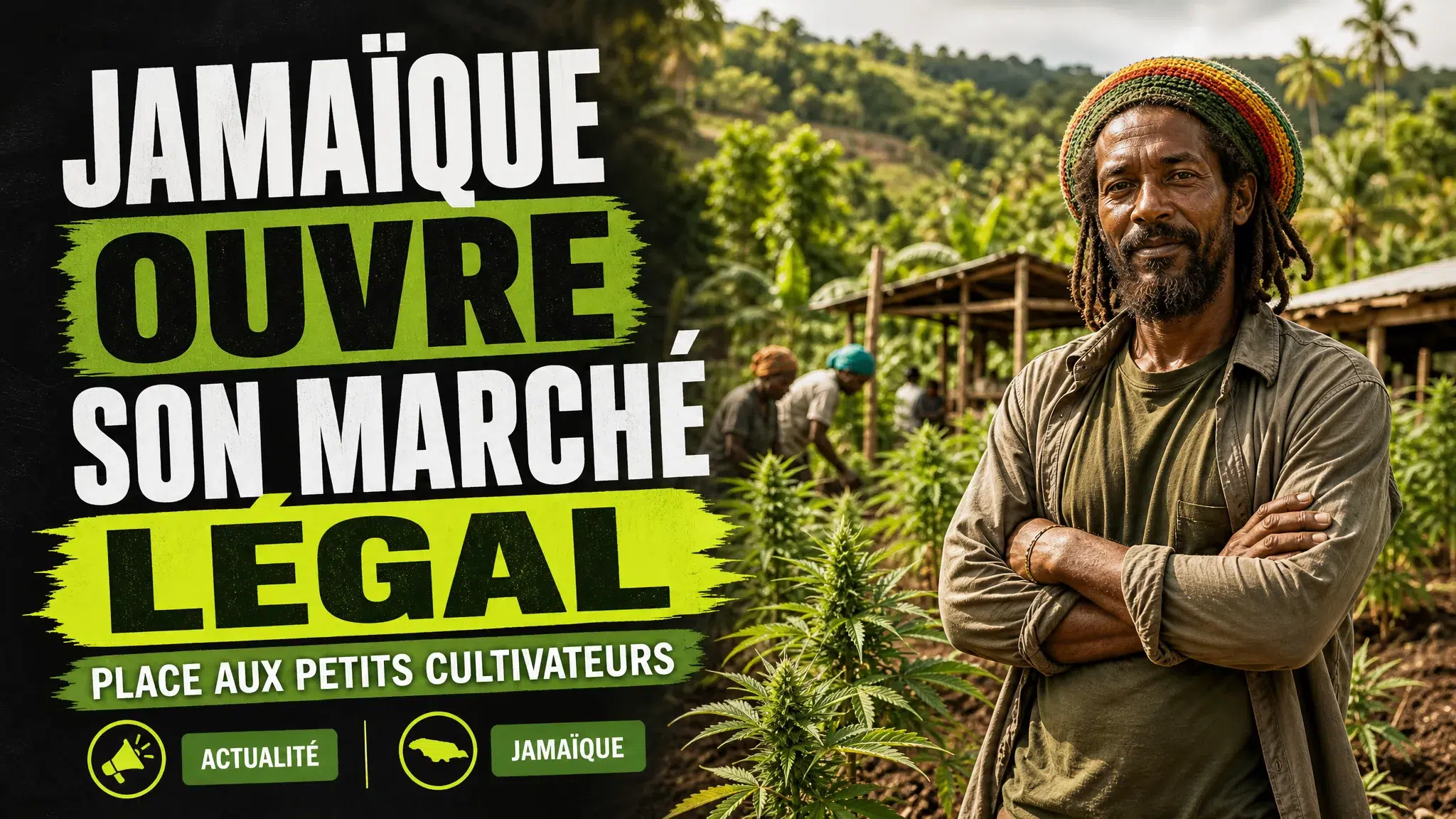Un cultivateur jamaïcain se tient dans une petite parcelle de chanvre au milieu d’un paysage rural tropical.