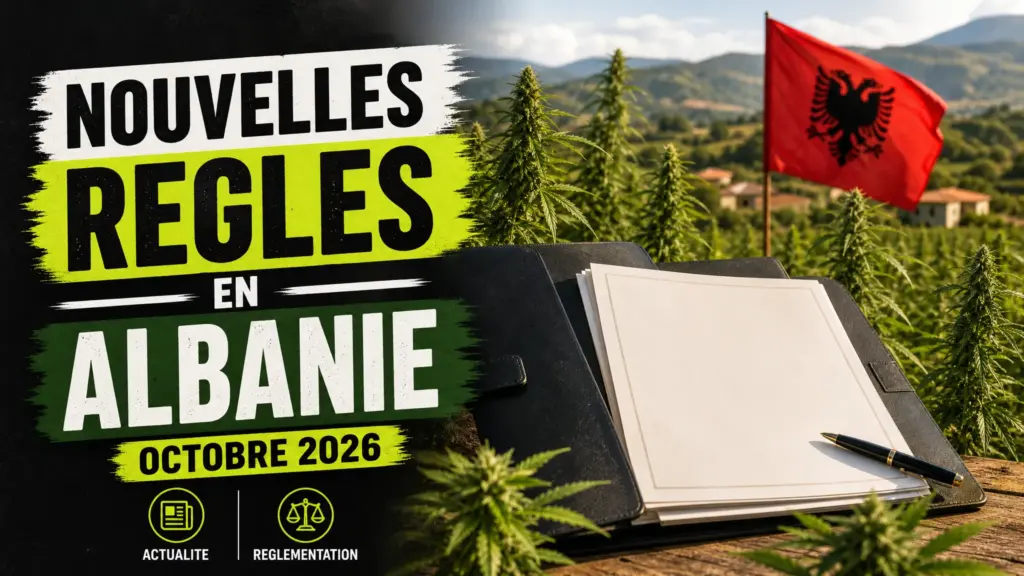 Un dossier administratif posé devant une culture de chanvre avec un discret rappel des couleurs du drapeau albanais.
