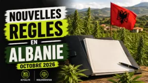 Un dossier administratif posé devant une culture de chanvre avec un discret rappel des couleurs du drapeau albanais.