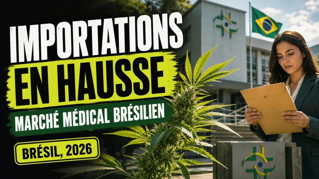 Une branche de chanvre se détache devant un bâtiment institutionnel brésilien marqué par un drapeau national.