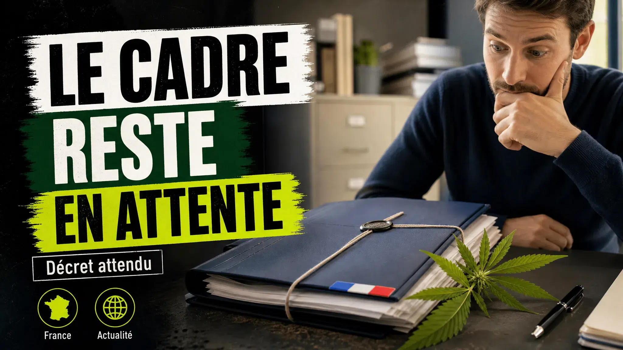 Un dossier réglementaire posé dans un bureau administratif français côtoie une petite branche de chanvre sous une lumière froide.