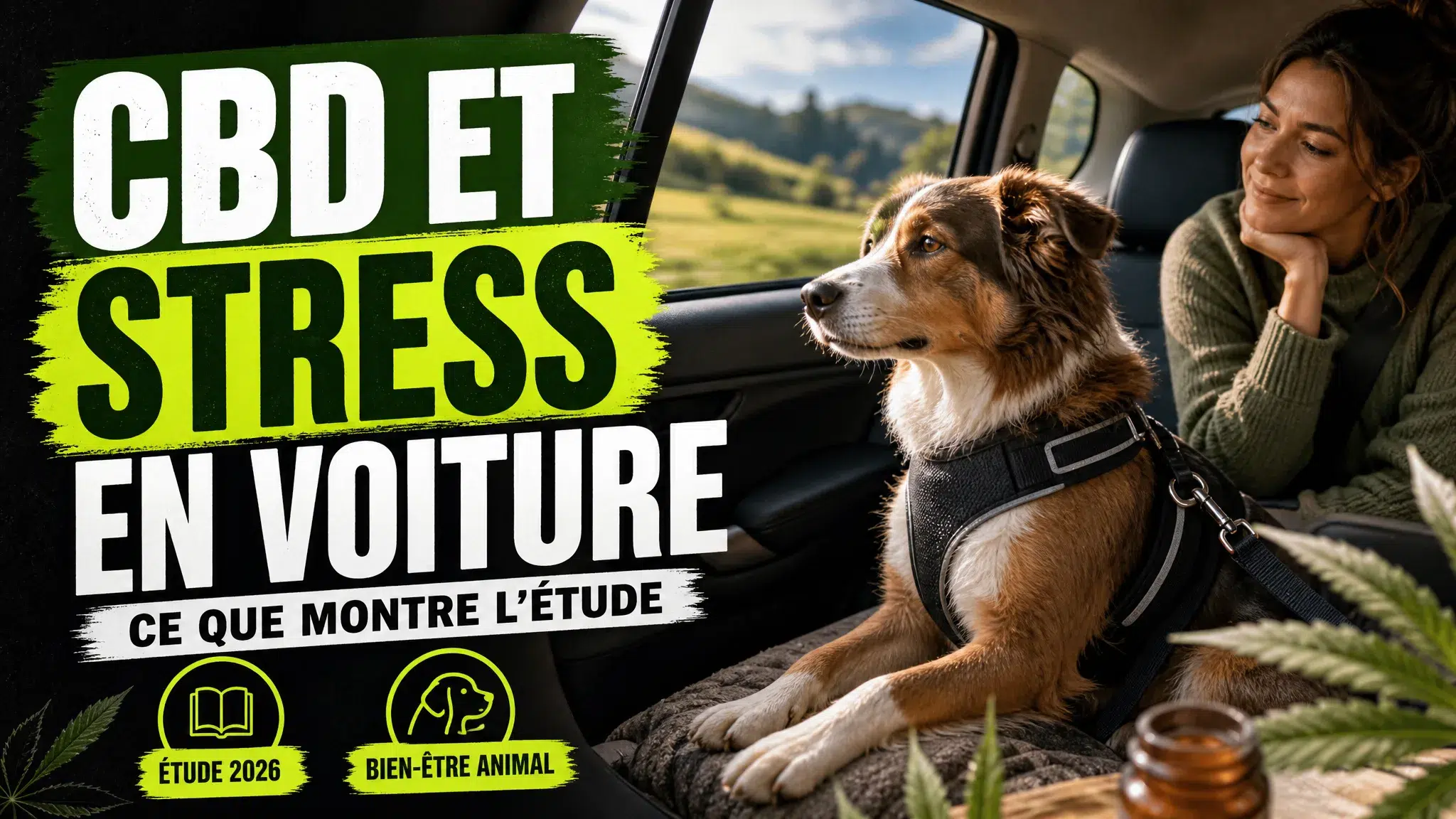 Un chien attaché par un harnais se tient calmement sur la banquette arrière d'une voiture pendant un trajet.