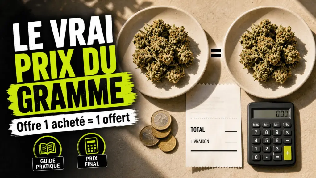 Deux portions égales de fleurs de chanvre sont présentées avec un reçu, des pièces et une calculatrice pour illustrer le calcul du prix réel.