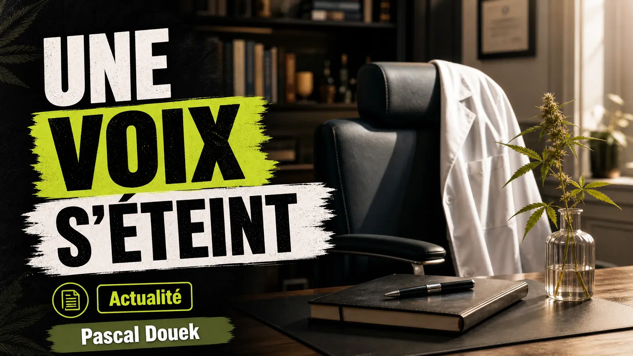 Une chaise vide, une blouse médicale pliée et un carnet posé sur un bureau évoquent la mémoire du Dr Pascal Douek dans un cabinet français.