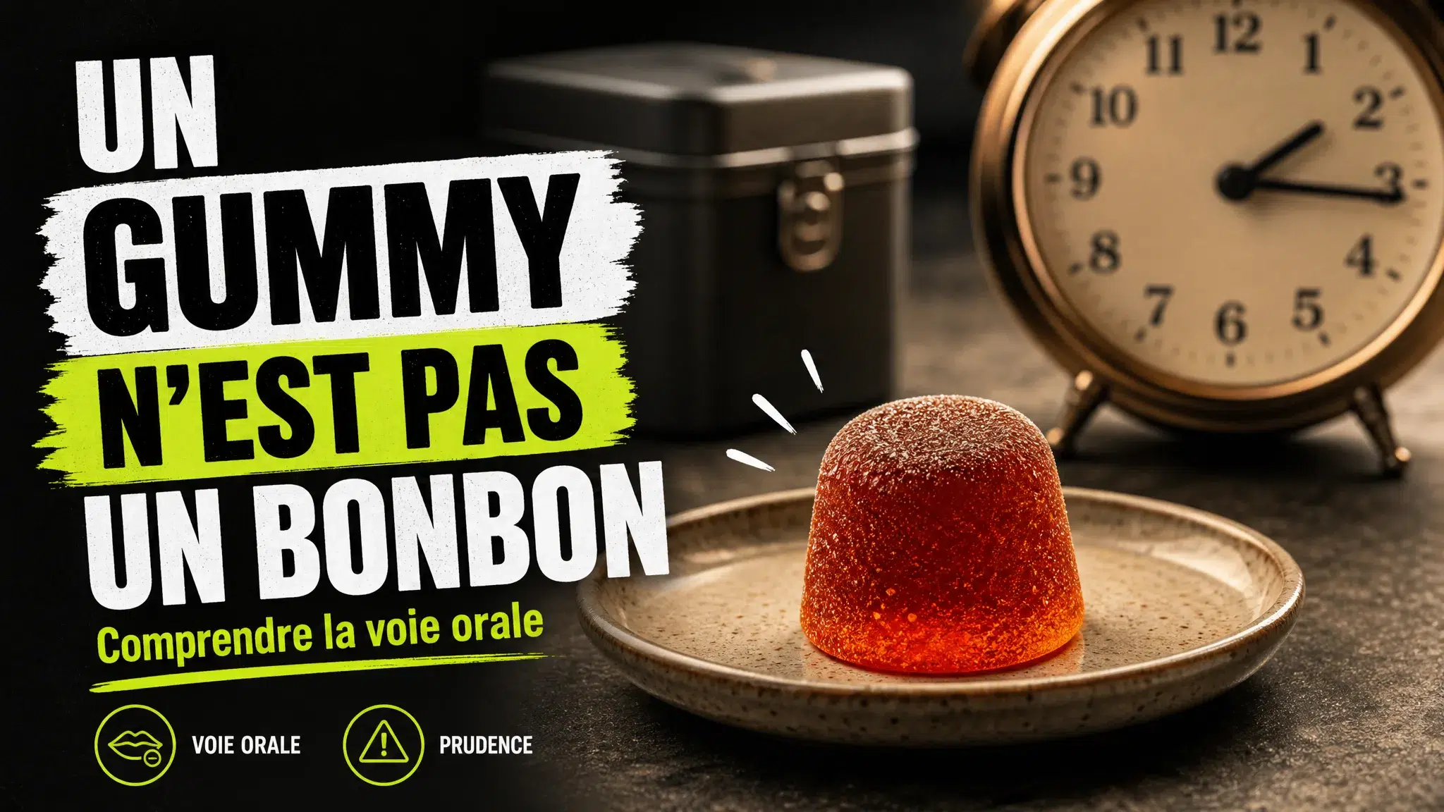 Un gummy translucide repose sur une coupelle devant une horloge et une boîte de rangement fermée.
