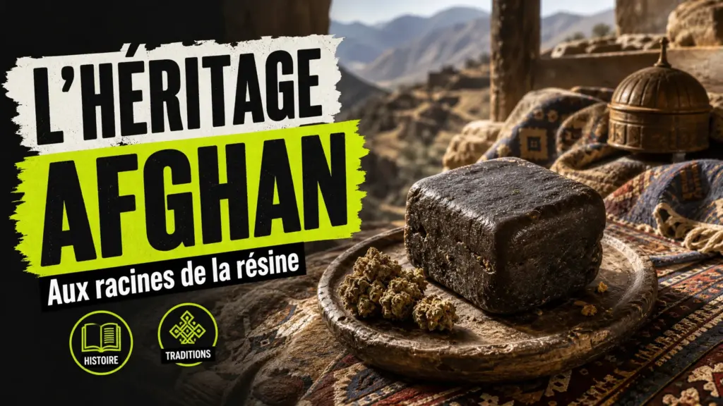 Un bloc de résine sombre repose sur une tablette en bois devant un paysage montagneux afghan et un textile traditionnel.