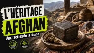 Un bloc de résine sombre repose sur une tablette en bois devant un paysage montagneux afghan et un textile traditionnel.