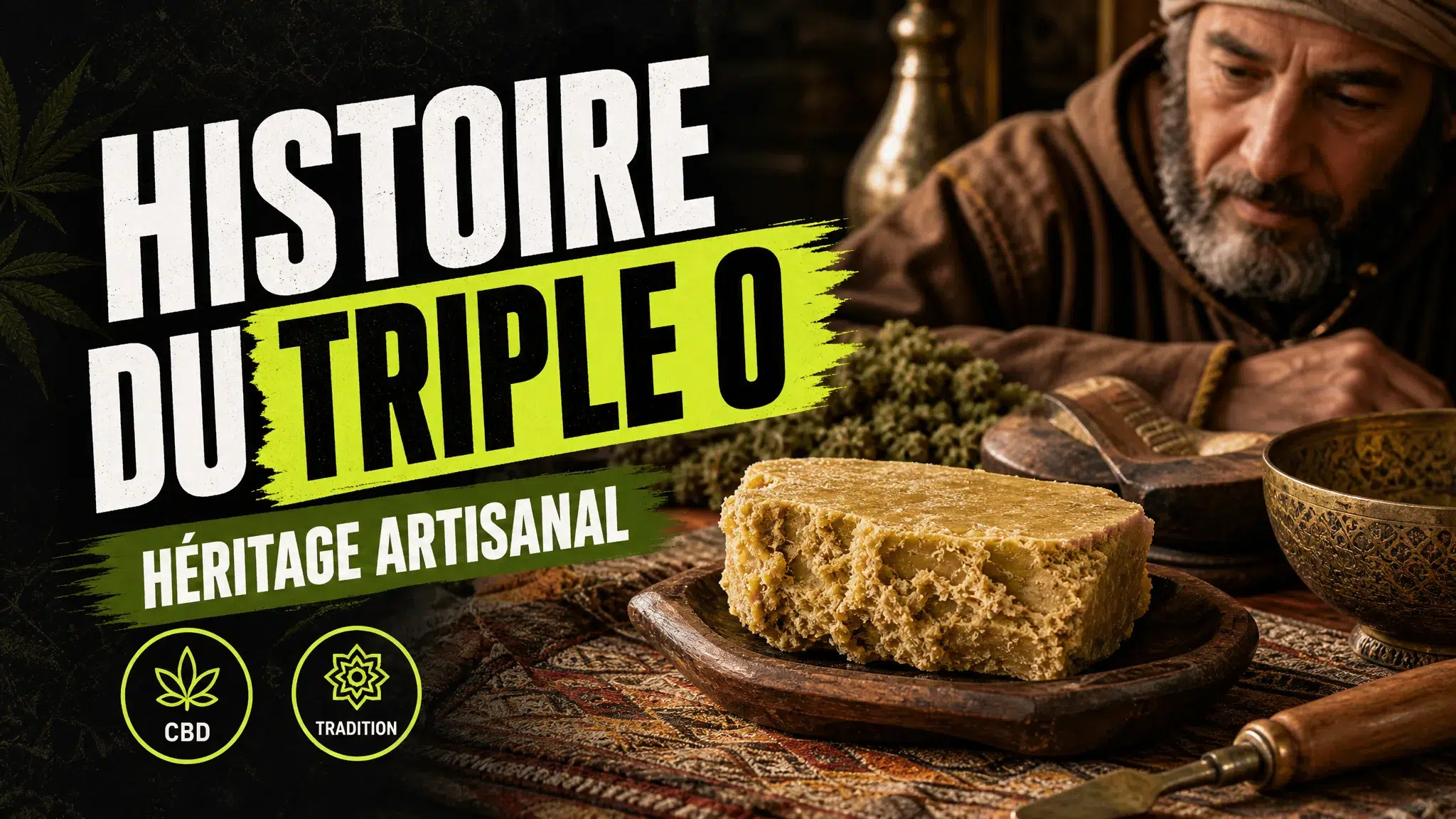 Un bloc de résine de chanvre dorée repose sur un plateau en bois entouré de textiles anciens et d’objets artisanaux.