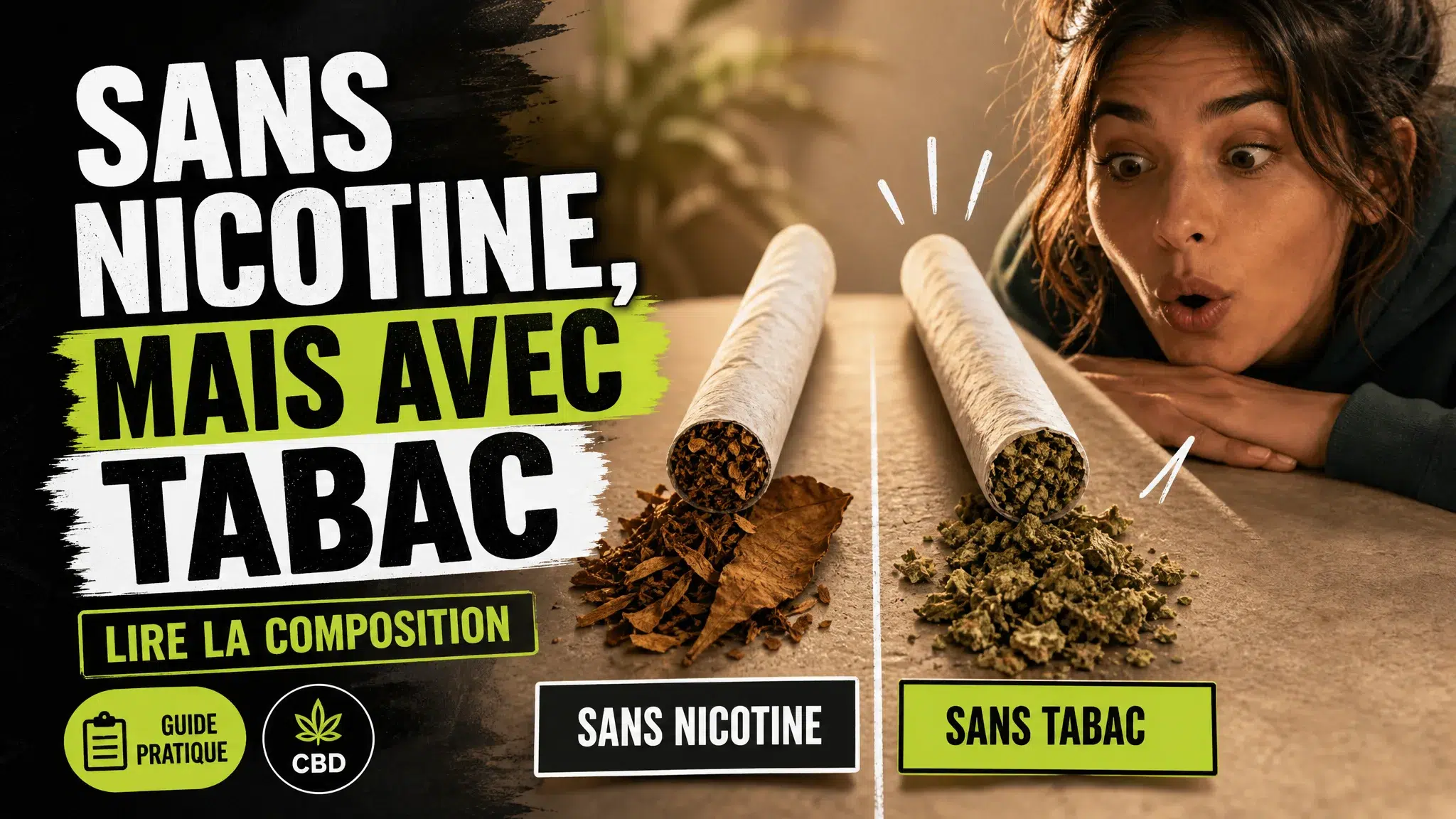 Deux rouleaux végétaux non allumés sont comparés sur une table, avec du tabac d’un côté et du chanvre de l’autre.