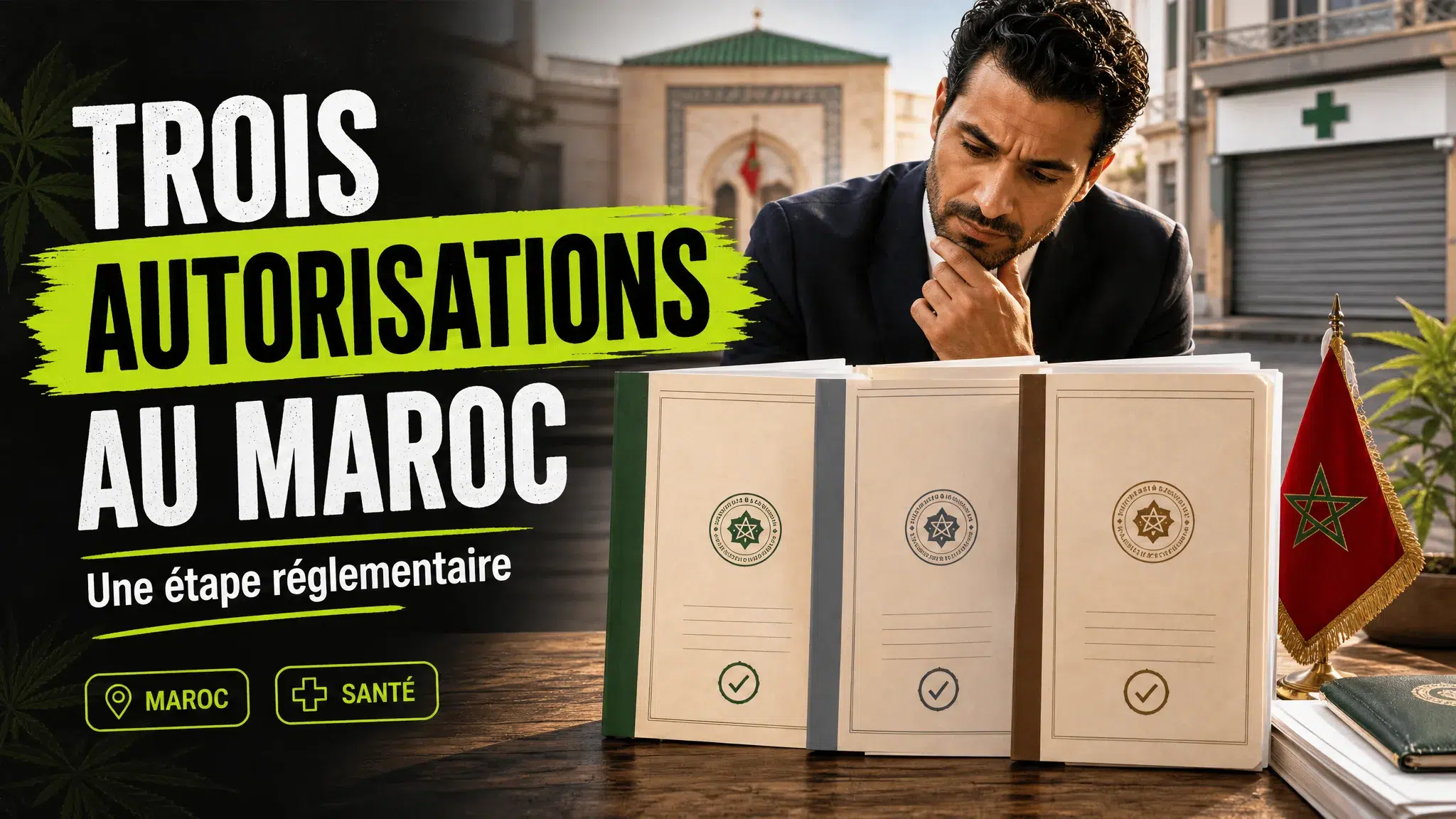 Trois dossiers d’autorisation posés sur un bureau évoquent une avancée réglementaire marocaine pour des médicaments à base de cannabis.