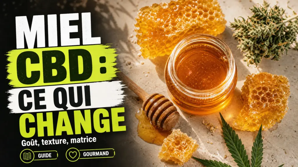 Un pot de miel au CBD ambré est entouré de morceaux de rayon, d’un bâtonnet en bois et d’un discret élément botanique de chanvre.