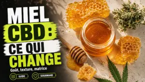Un pot de miel au CBD ambré est entouré de morceaux de rayon, d’un bâtonnet en bois et d’un discret élément botanique de chanvre.