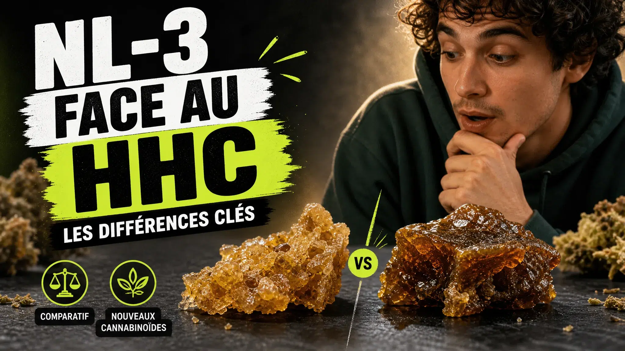 Deux formes de résine botanique ambrée sont présentées face à face sur une surface sombre dans une composition éditoriale comparative.