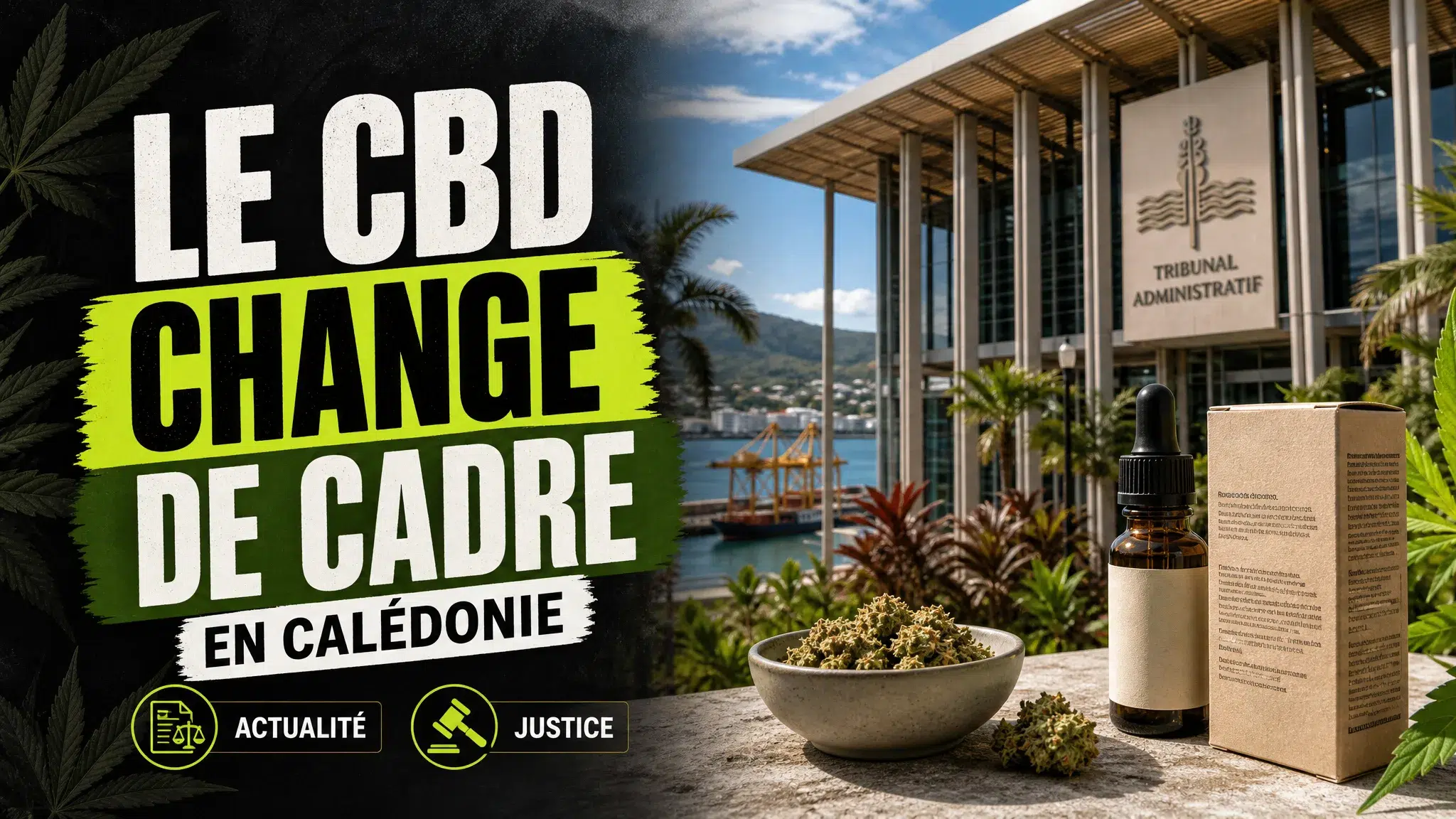 Un produit au chanvre sans marque apparaît devant un bâtiment administratif de Nouméa, avec le port en arrière-plan.
