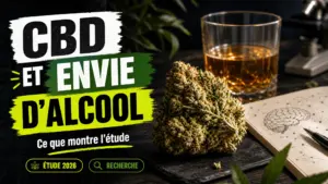 Une fleur de chanvre détaillée au premier plan côtoie un verre ambré intact et des notes évoquant la recherche scientifique.