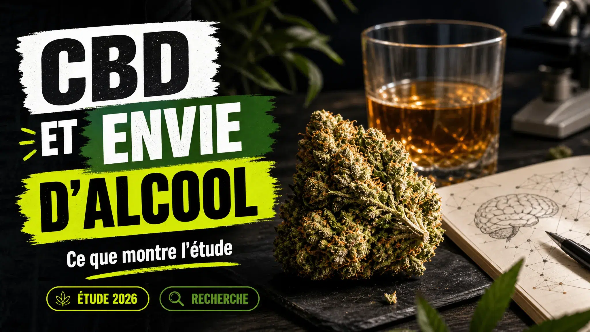 Une fleur de chanvre détaillée au premier plan côtoie un verre ambré intact et des notes évoquant la recherche scientifique.
