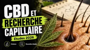 Vue macro d’un cuir chevelu et de follicules pileux accompagnés d’un fragment de feuille de chanvre dans une ambiance de recherche scientifique.