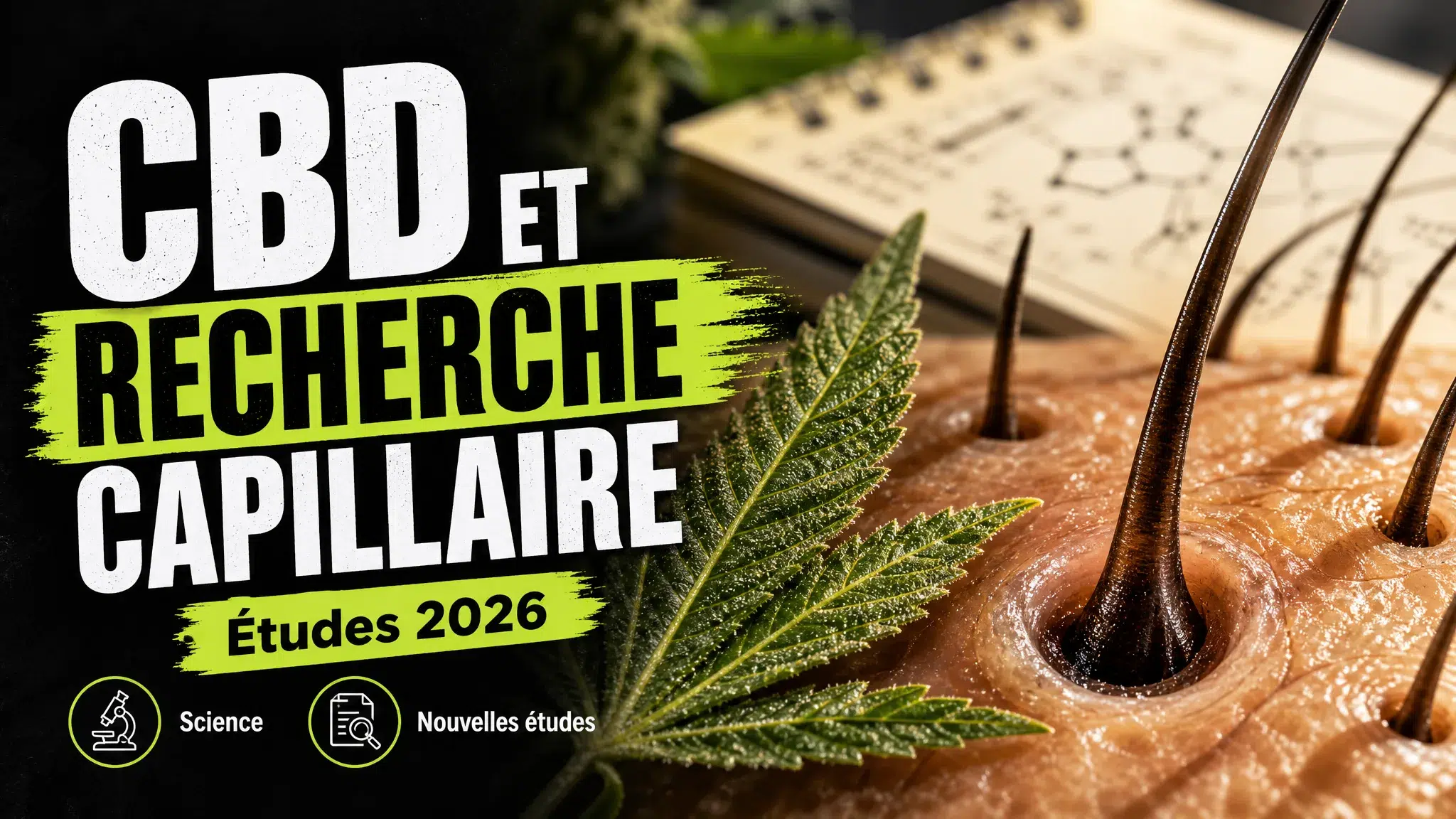 Vue macro d’un cuir chevelu et de follicules pileux accompagnés d’un fragment de feuille de chanvre dans une ambiance de recherche scientifique.