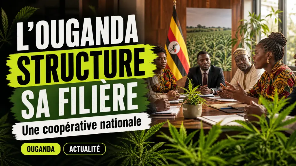Des plants de chanvre au premier plan encadrent une réunion institutionnelle en Ouganda autour de la structuration de la filière.
