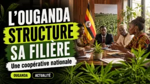 Des plants de chanvre au premier plan encadrent une réunion institutionnelle en Ouganda autour de la structuration de la filière.