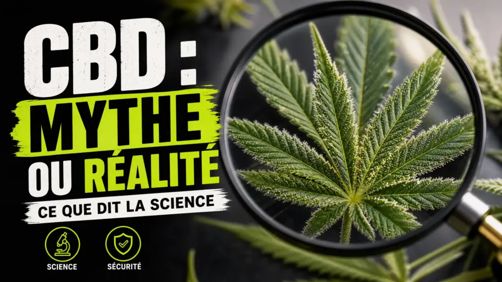 Gros plan éditorial d’une feuille de chanvre détaillée sur une surface en verre, dans une ambiance scientifique sobre.