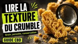 Des fragments de crumble de chanvre doré révÚlent leurs pores et leurs fissures sur une surface minérale.