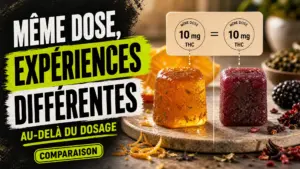 Deux gummies de même dosage apparent sont comparés sur une surface neutre, avec des couleurs et des textures nettement différentes.