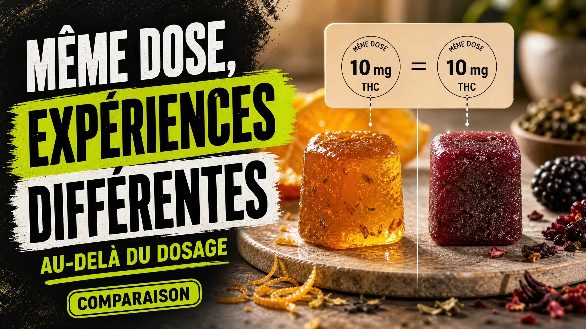 Deux gummies de même dosage apparent sont comparés sur une surface neutre, avec des couleurs et des textures nettement différentes.