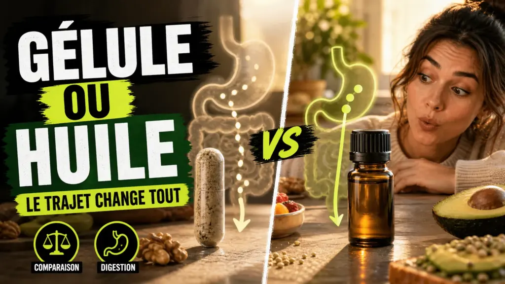 Une gélule de CBD et un flacon d’huile fermé sont présentés côte à côte sur une table de petit-déjeuner pour illustrer leurs parcours digestifs différents.