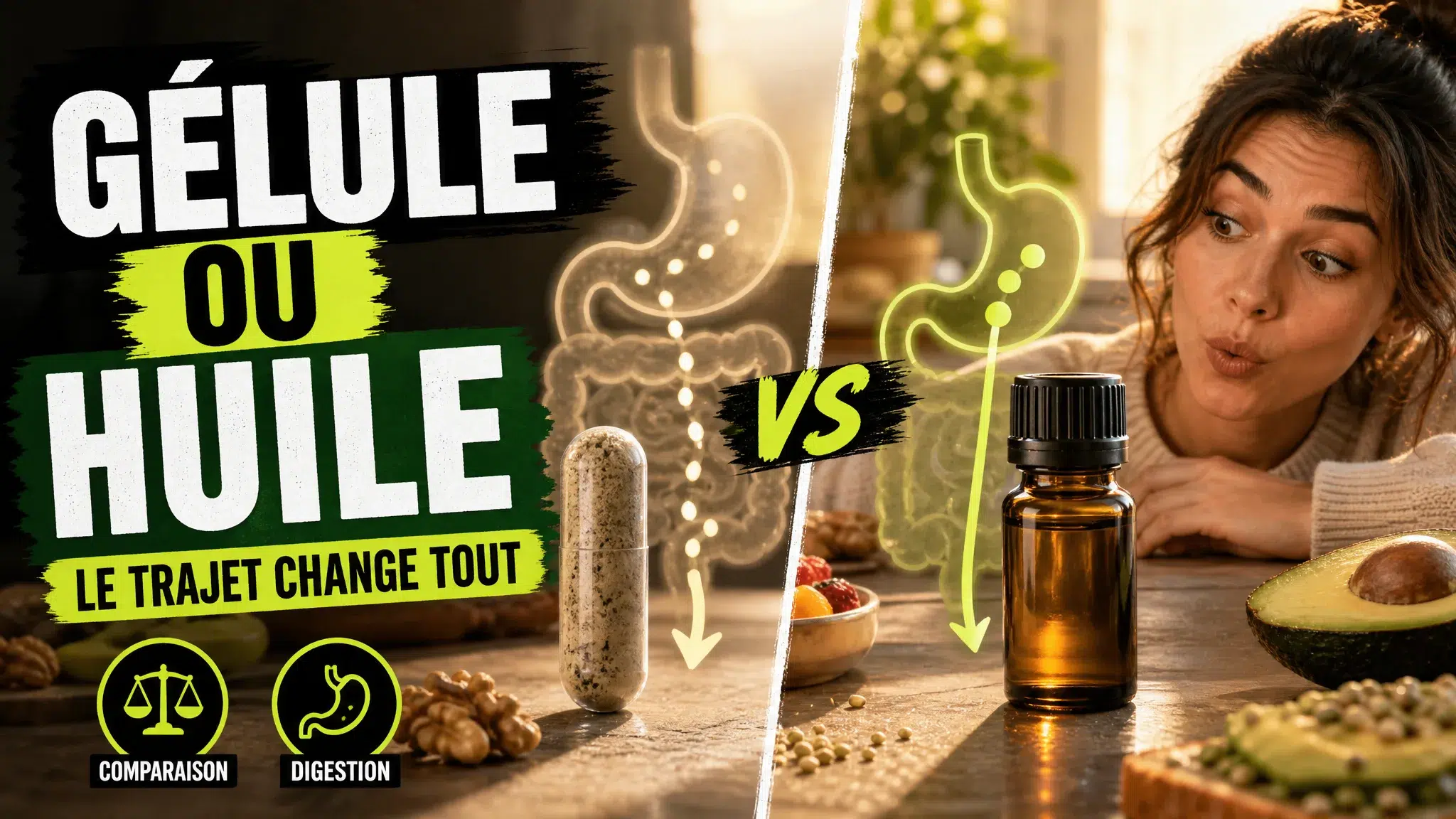 Une gélule de CBD et un flacon d’huile fermé sont présentés côte à côte sur une table de petit-déjeuner pour illustrer leurs parcours digestifs différents.