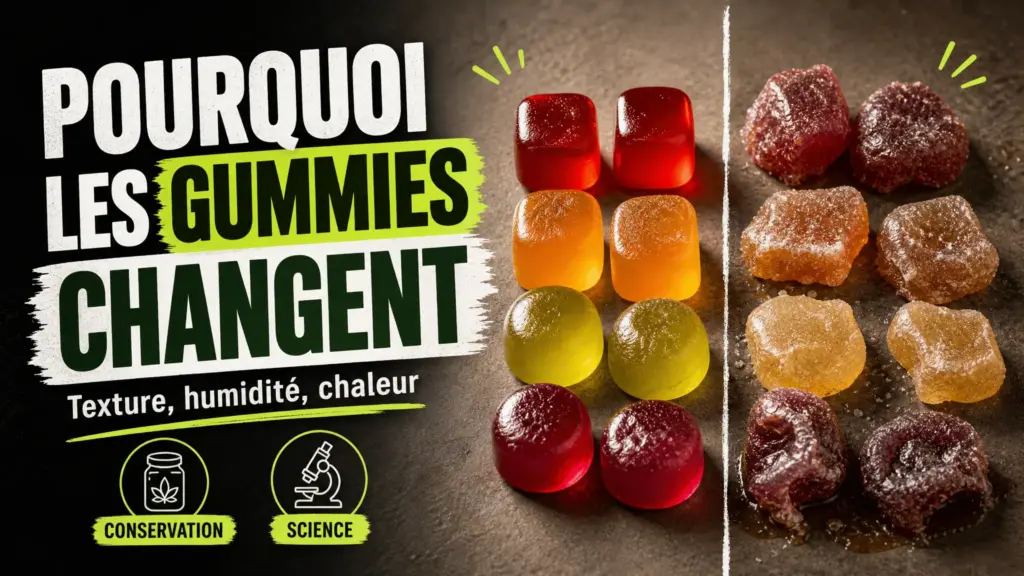 Des gummies lisses et brillants sont comparés à d’autres pièces blanchies, collantes et légèrement déformées sur une table neutre.