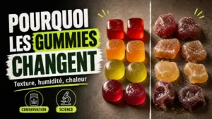 Des gummies lisses et brillants sont comparés à d’autres pièces blanchies, collantes et légèrement déformées sur une table neutre.