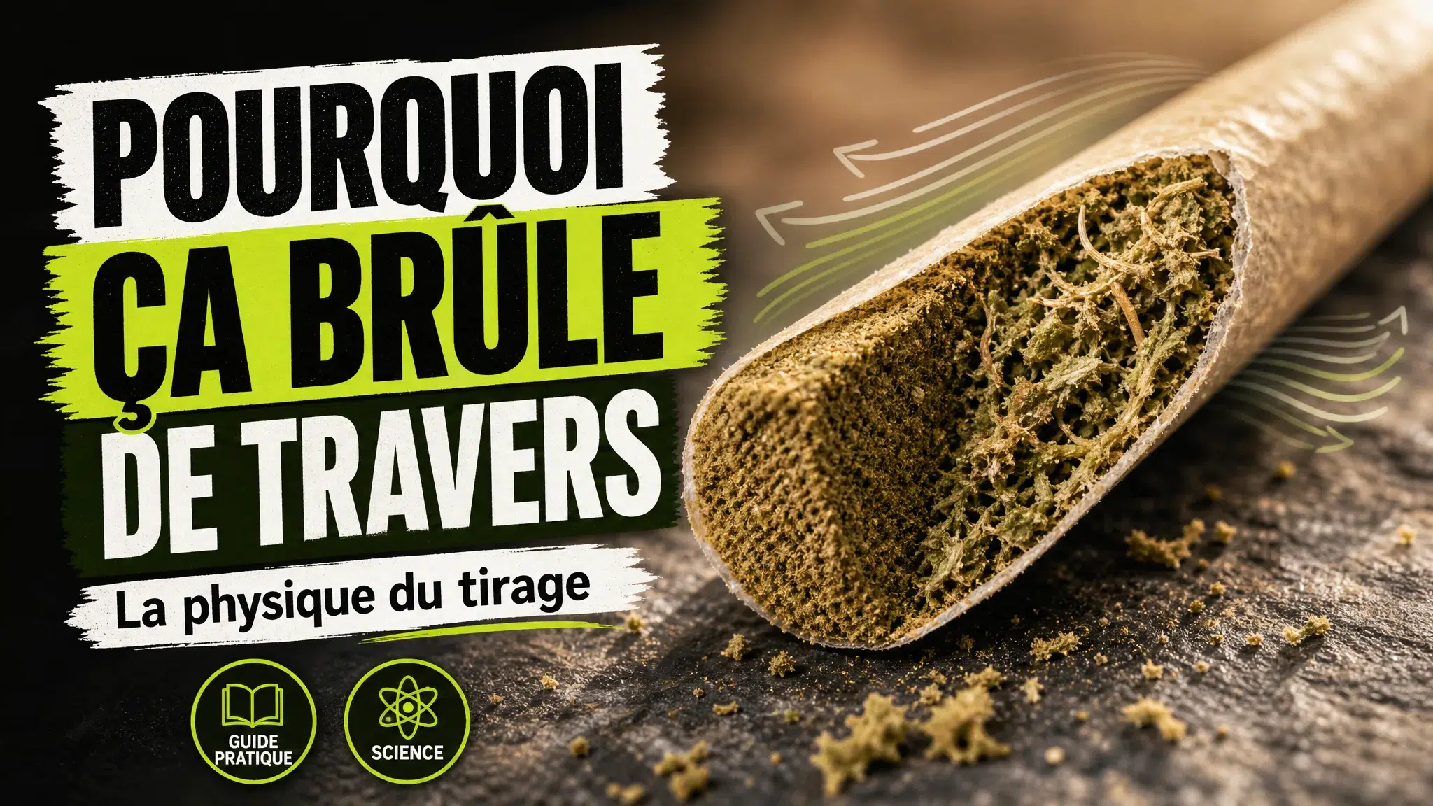 Un pré-roulé en papier de chanvre est présenté en gros plan avec une coupe révélant des zones de densité différente.