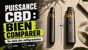 Deux dispositifs de vape au chanvre de formats différents sont présentés côte à côte sur une surface éditoriale sobre.