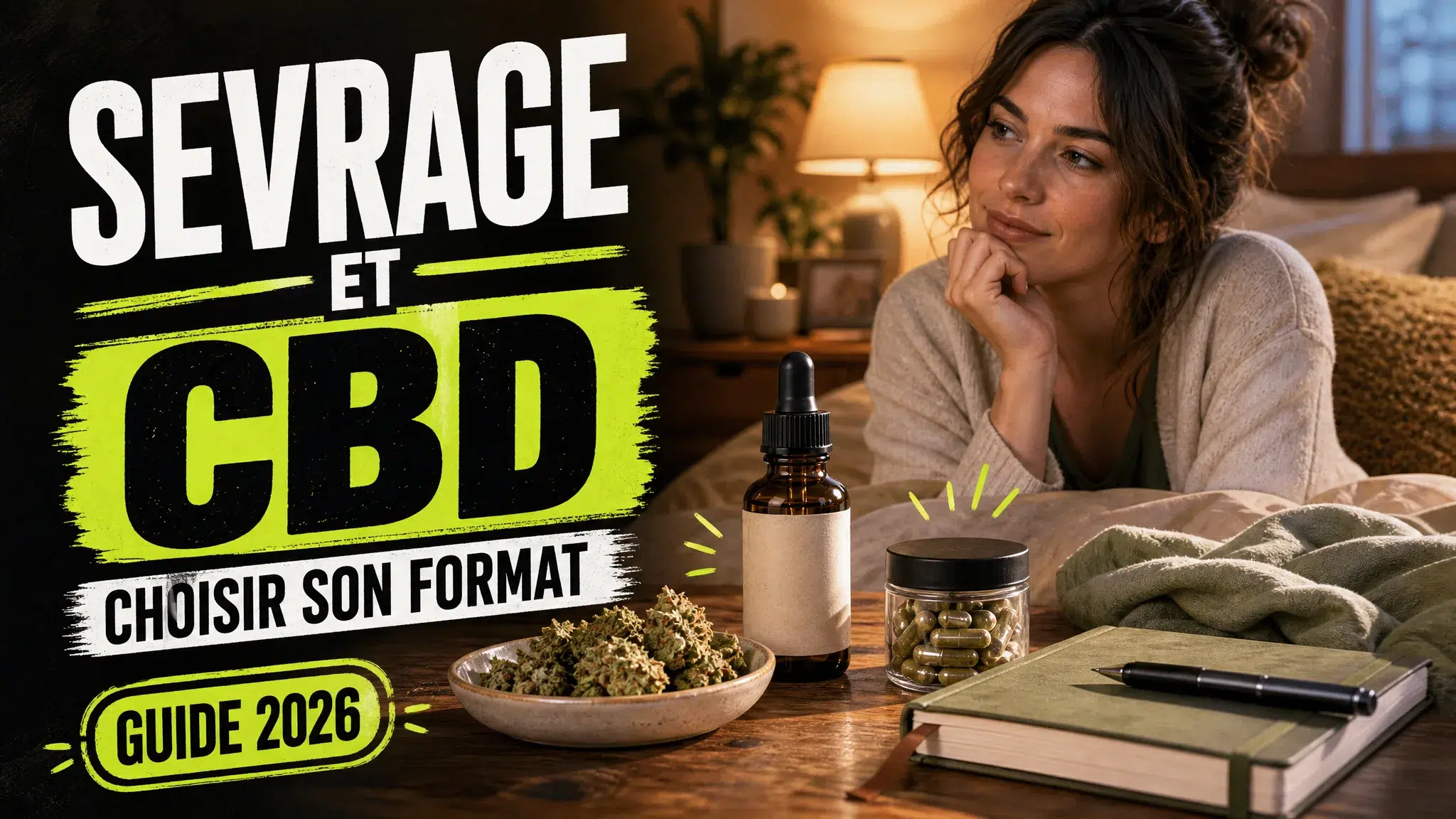 Sur une table de chevet éclairée par la lumière d’une fenêtre, des fleurs de chanvre, un flacon de CBD et un étui de capsules entourent un carnet fermé.