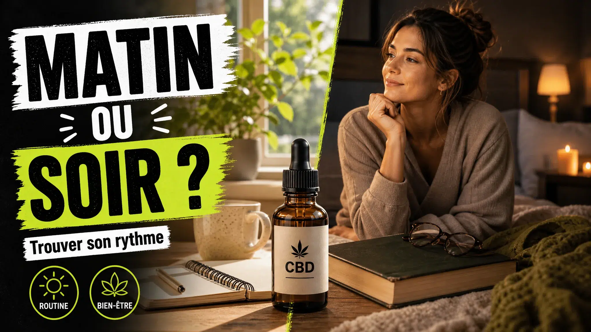 Une composition en deux volets montre une bouteille d’huile de CBD fermée dans une ambiance matinale puis dans un décor calme de chambre le soir.