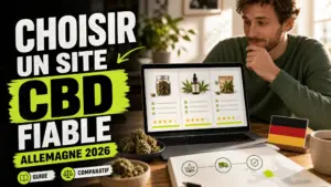 Un ordinateur portable affichant une interface comparative générique est placé près de fleurs de chanvre dans des coupelles en céramique sur un bureau lumineux.