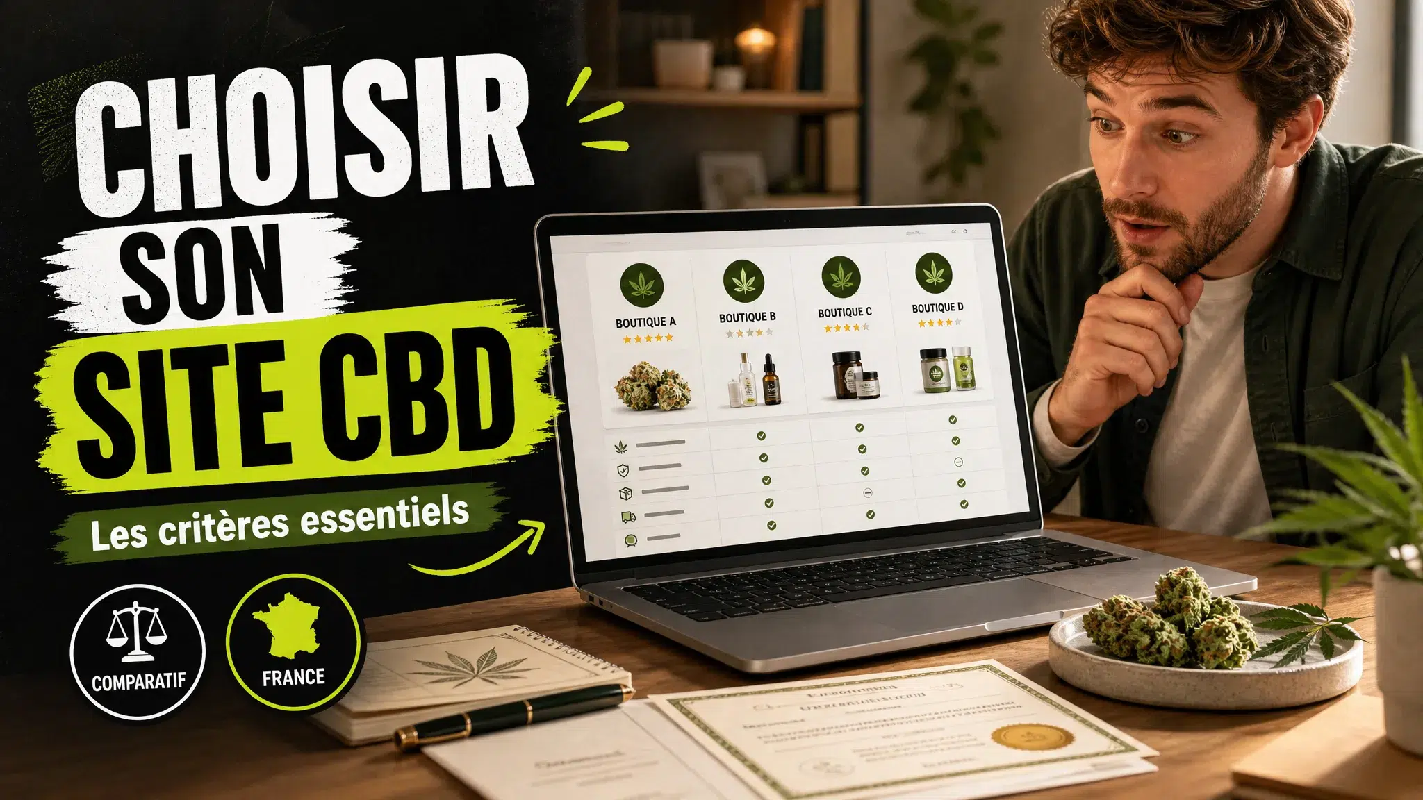 Un ordinateur portable affiche une interface de comparaison de boutiques françaises de chanvre, entouré d’un échantillon botanique et de documents de qualité.